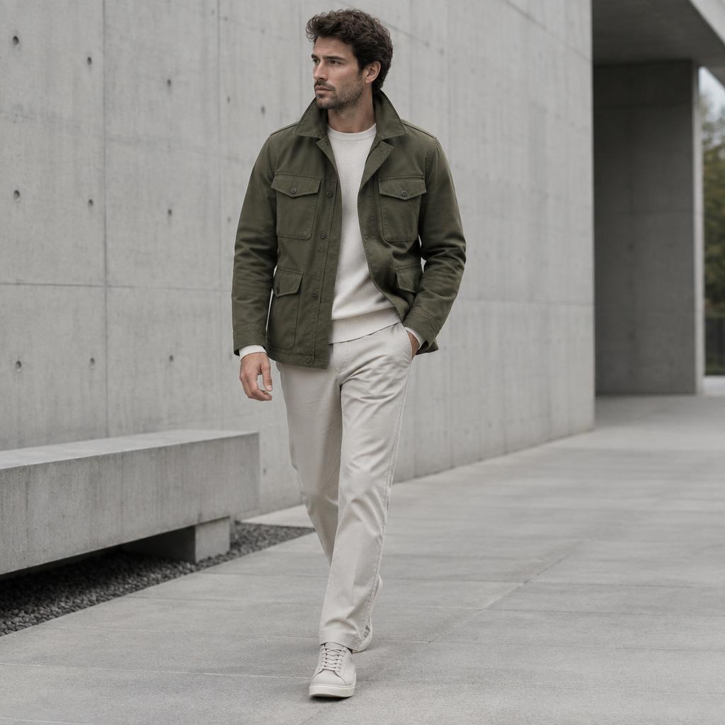 Man wearing an olive field jacket with stone trousers