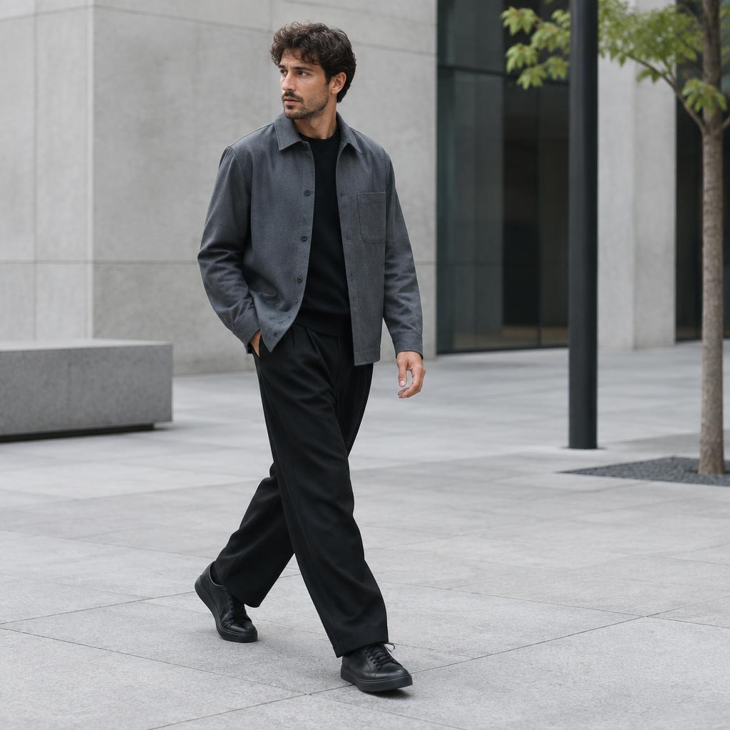 Man wearing a slate overshirt and relaxed black trousers