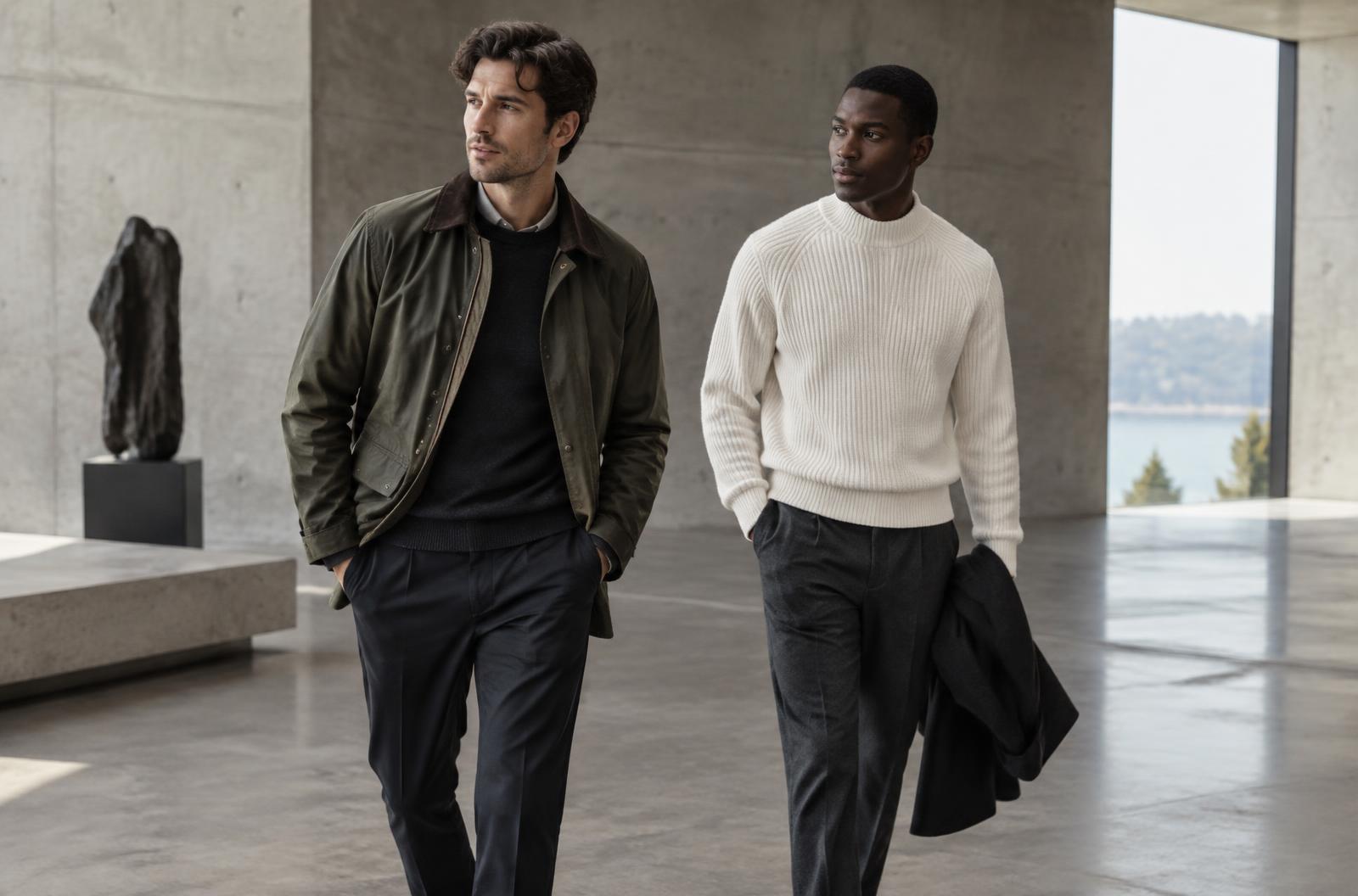 Two men wearing refined olive, black and bone layers
