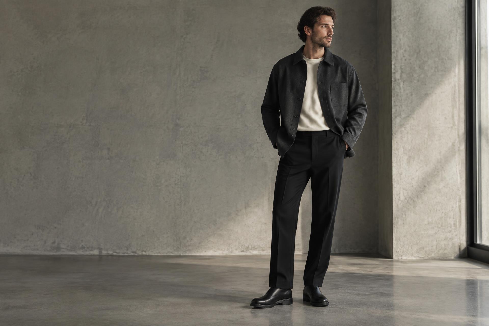 Man wearing a charcoal overshirt, bone tee and tailored trousers
