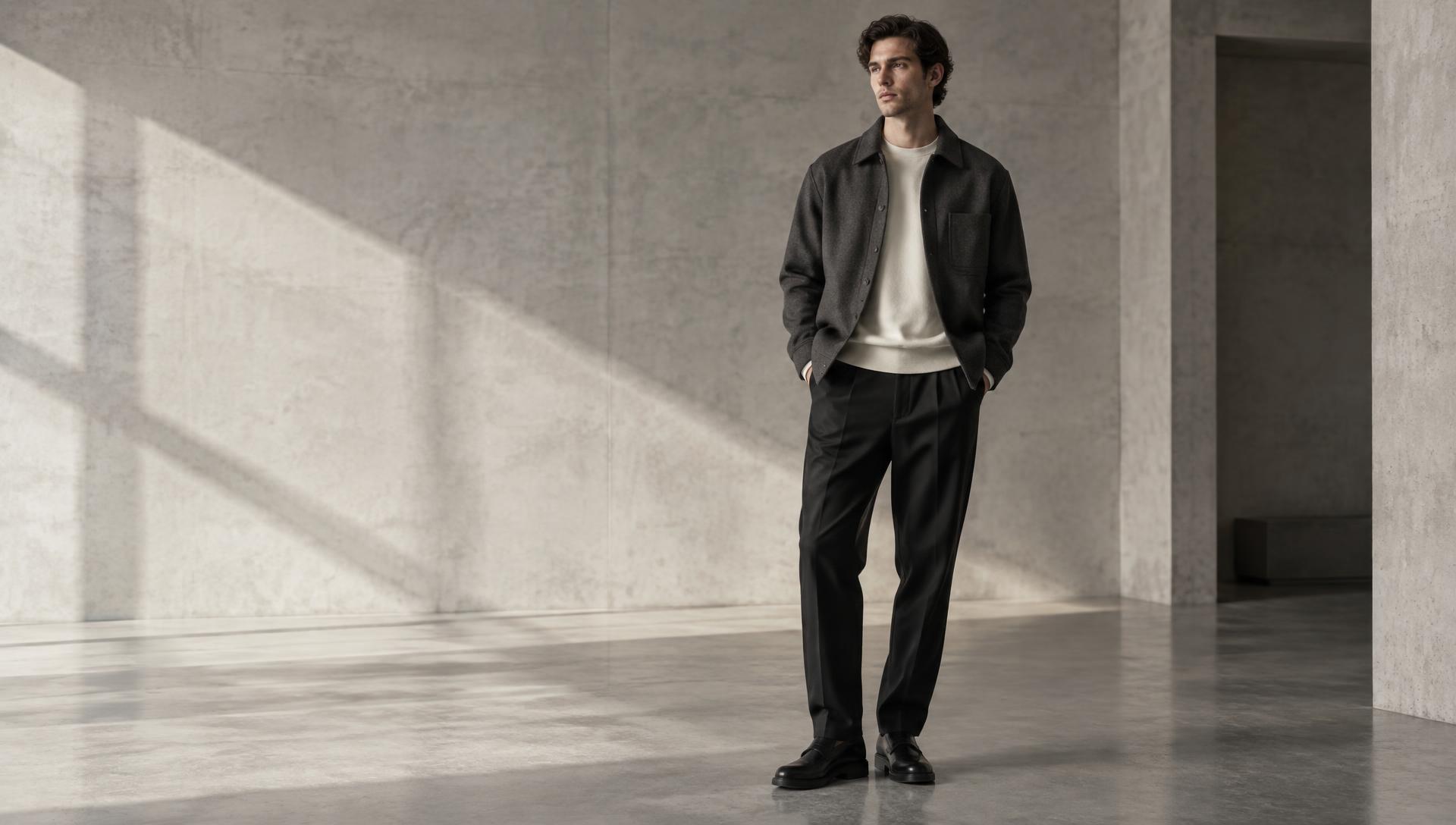 Man wearing layered charcoal tailoring in a concrete gallery