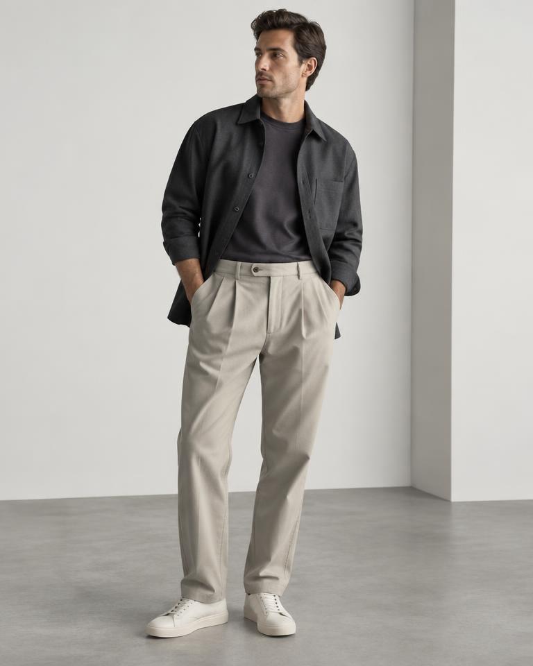 Man wearing tailored stone chinos